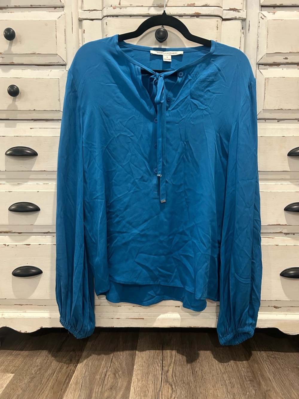 Diane Von Furstenberg Teal Blue Tie-Neck Long Sleeve Blouse